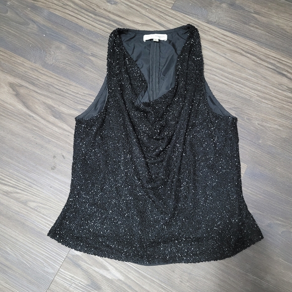 Vintage Cecily Brown Beaded Black Sleeveless Top 100% Silk Cowl Neckline - Picture 1 of 5